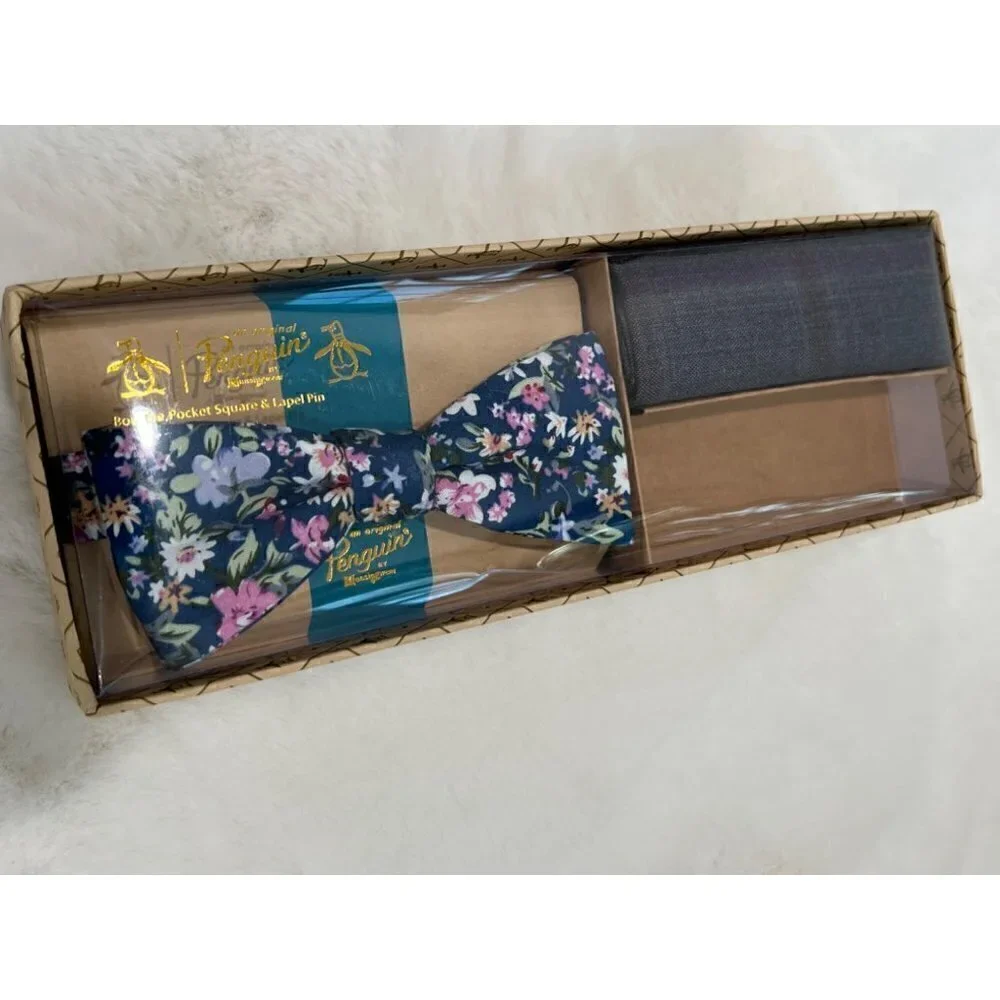 NWBD Penguin bow tie, pocket square/handkerchief set **lapel pin is missing**